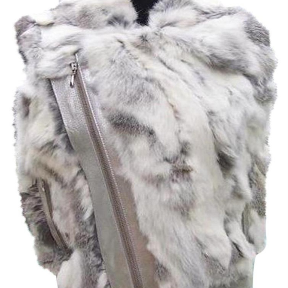 Cache Metallic Leather Fur Vest Diagonal Zipper Lined $278 NWT New Gray White